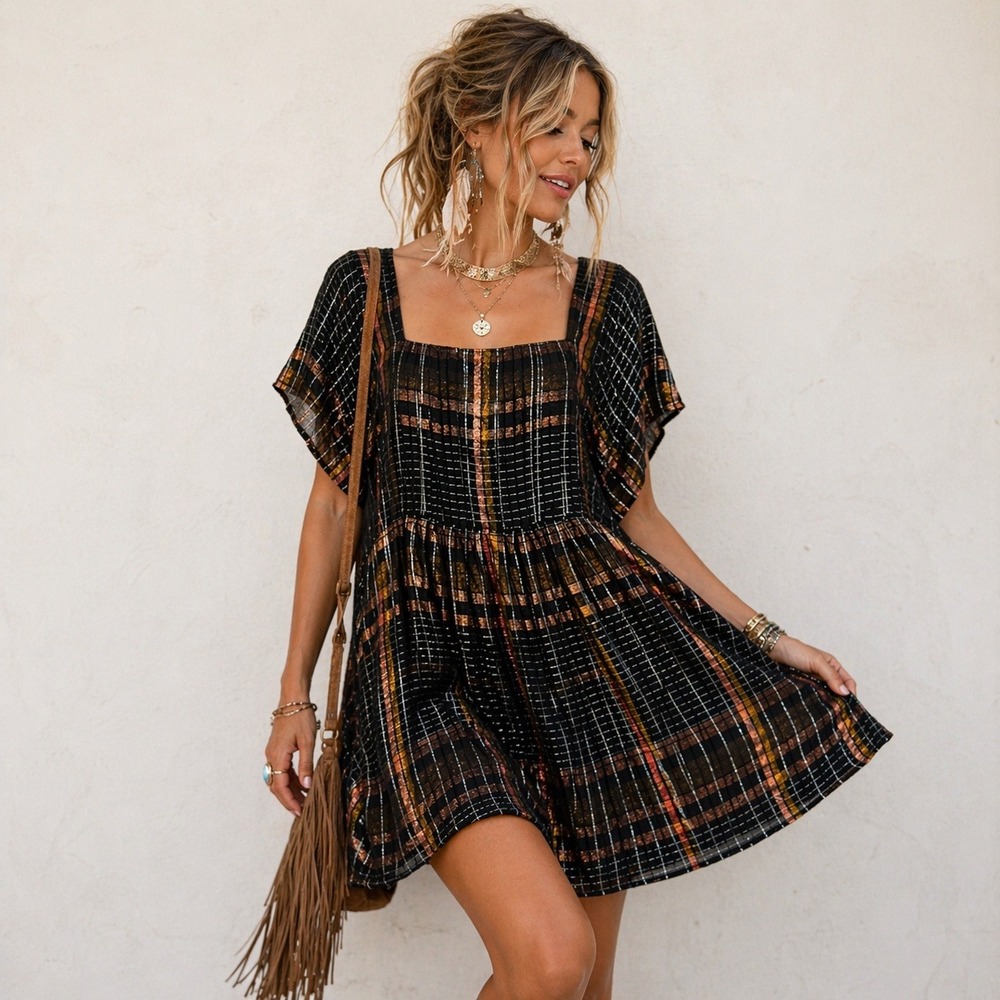 Free People Metallic Plaid Babydoll Mini Dress Womens XS Boho Open Back Festival